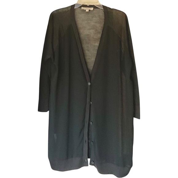 The Loft Long Sheer Front V Neck Button Mixed Media Cardigan - Picture 12 of 16